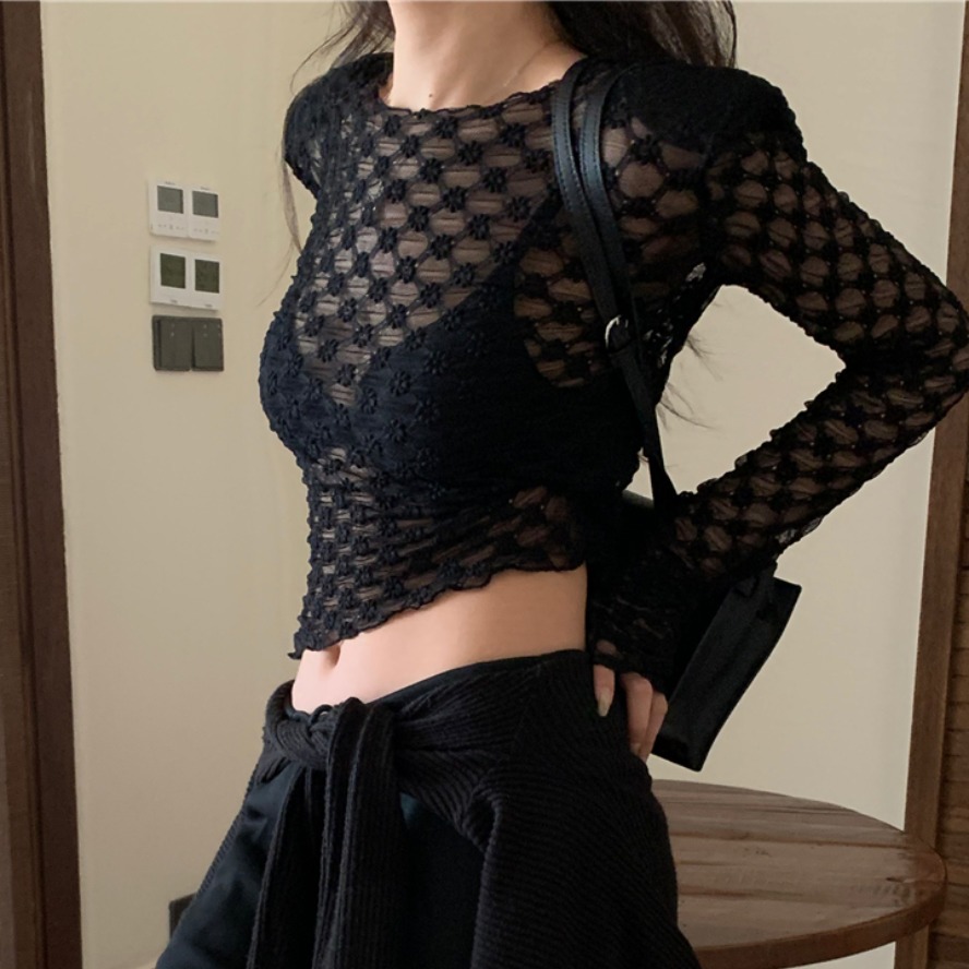 Tmall quality mesh perspective long sleeves for women in spring and summer new round neck slim waist-hugging sexy hot girl top