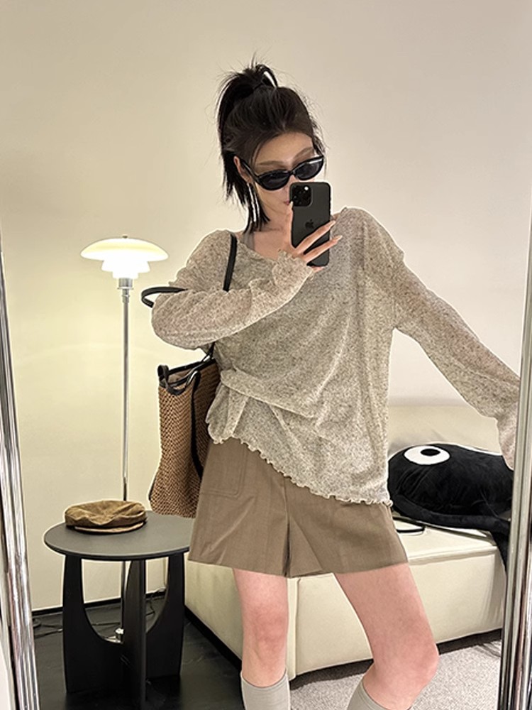French lazy style spotted black ears ice silk sweater for women in spring and summer loose sunscreen blouse temperament top