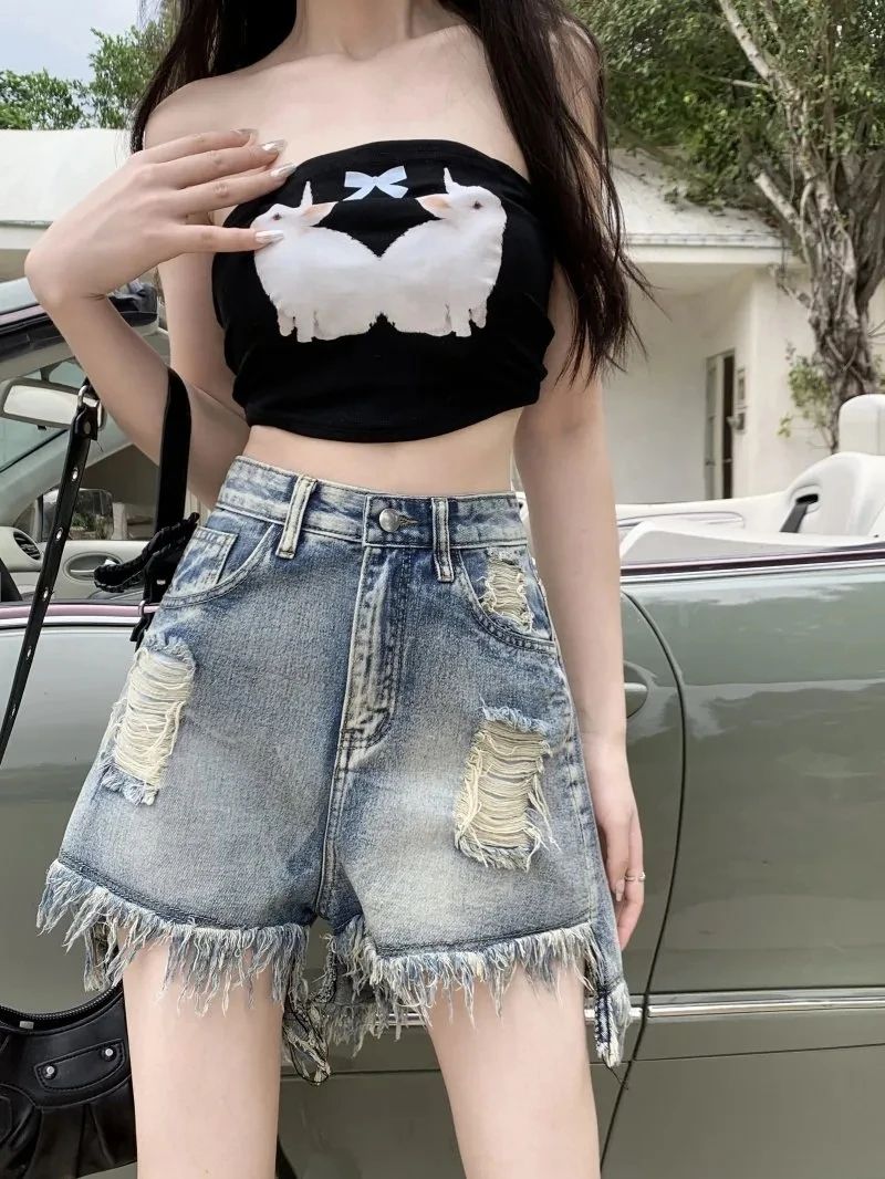 Lady's Summer New High-Waisted Loose Wide-Leg Flared Skirt Shorts with Fringe, Fashion and Slimming