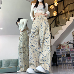 實拍辣妹碎花直筒工裝褲牛仔褲女春季高腰設計顯瘦小個子闊腿褲