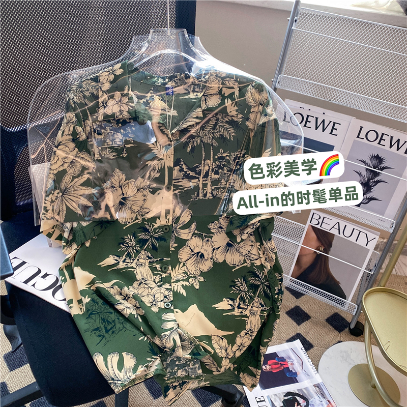 Real shot of 100% polyester fiber Hong Kong style retro national trend personalized floral shirt short-sleeved women