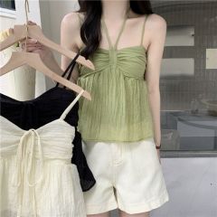 2025 summer new Korean version sweet doll top bow strap sleeveless suspender lined chiffon shirt for women