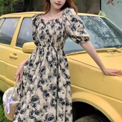 French retro rose short-sleeved dress for women in summer new style waist-hugging and slimming floral long skirt