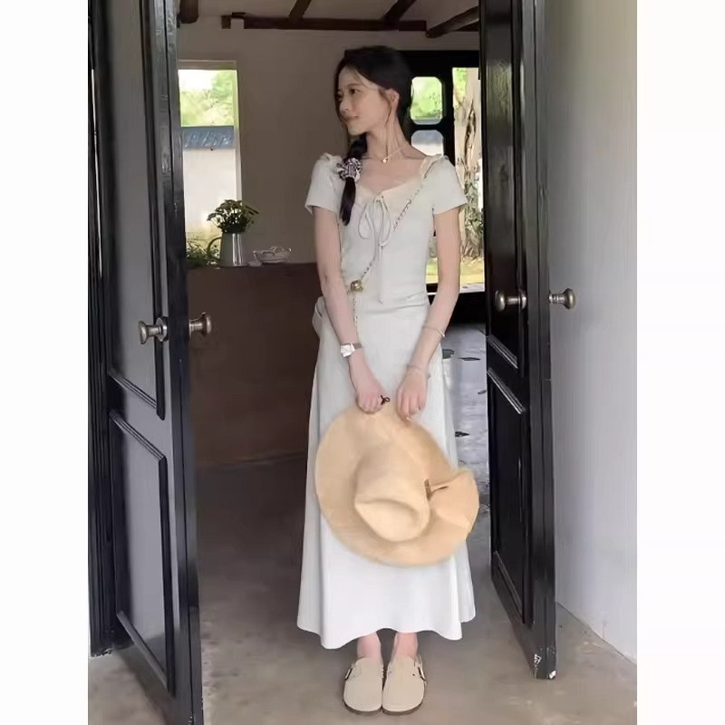 韓系溫柔風氣質修身顯瘦長裙夏季2025新款初戀清純奶甜收腰連衣裙