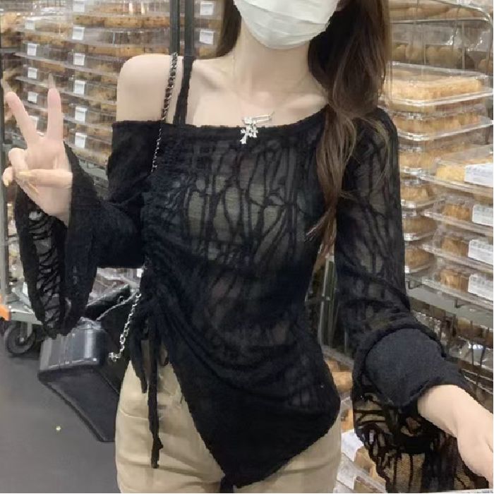 法式純欲風長袖蕾絲衫女早秋新款設計感抽繩不規則喇叭袖斜肩上衣