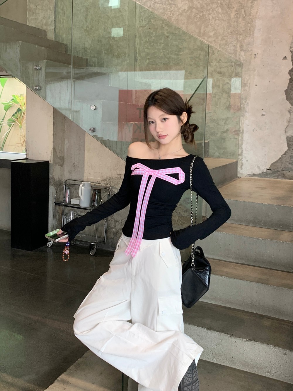 Real shot of new spring products off-shoulder plaid three-dimensional bow-long sleeve top for women