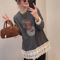韓系蕾絲花邊卡通小熊磨毛中長款遮臀打底衫裙子減齡寬鬆長袖T恤