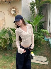 Real shot of pure desire V-neck lace long-sleeved sexy hot girl with small sex perspective T-shirt top for women