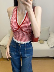 實拍 夏季新款蕾絲花邊掛脖背心性感蝴蝶結系帶修身短款上衣