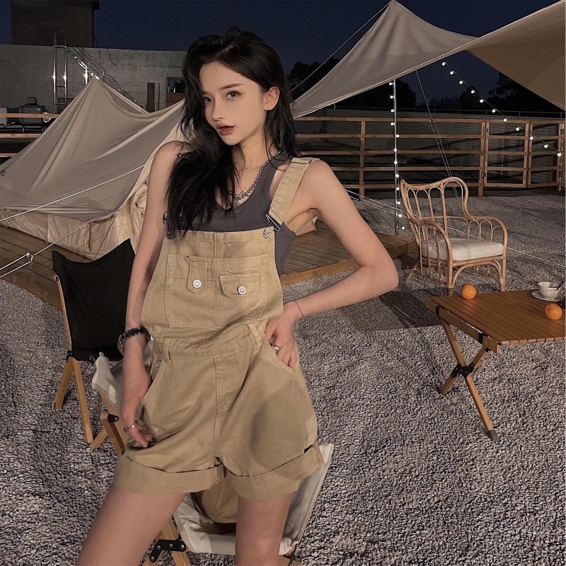 2025夏季韓版牛仔背帶短褲女美式高腰卷邊直筒闊腿工裝連體熱褲子