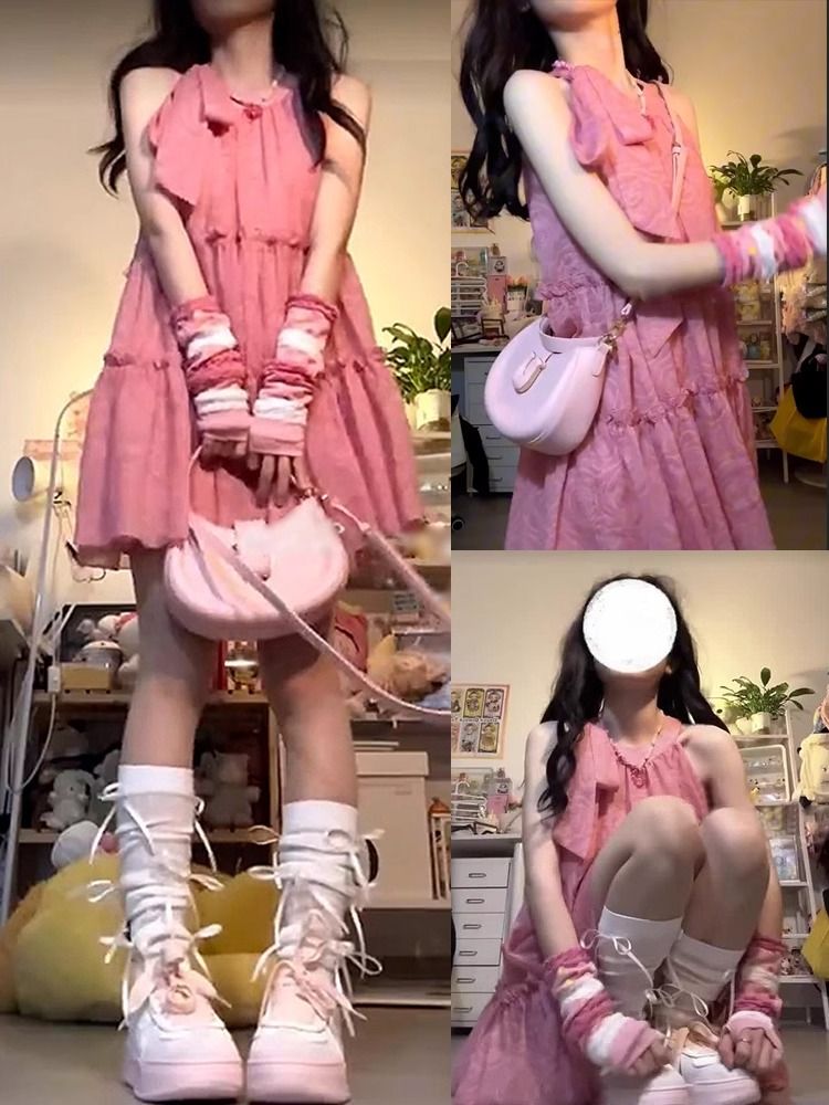 蝴蝶結系帶掛脖連衣裙女夏2025新款小眾設計感小個子寬鬆無袖短裙