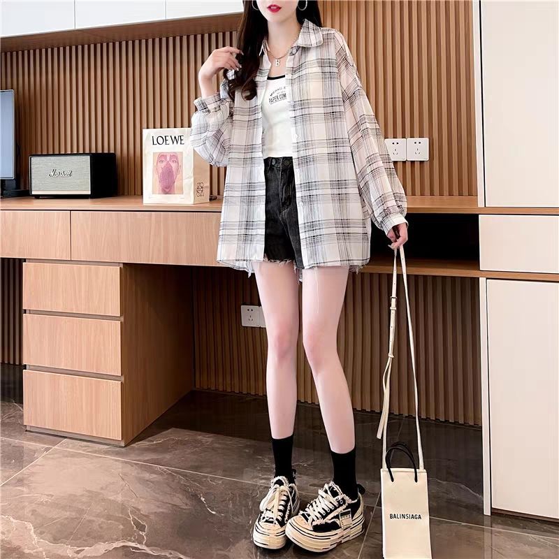 Spring and summer 2025 thin slightly transparent sunscreen plaid shirt for women loose long-sleeved cardigan jacket thin