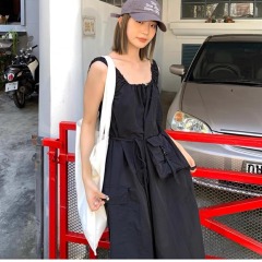 簡約韓版休閒百搭減齡設計款背心裙圓領時髦無袖顯瘦長裙配腰包