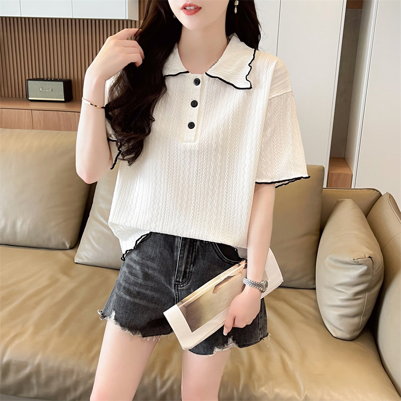 First real-time imitation cotton bubble short-sleeved T-shirt new doll collar top loose T-shirt for women