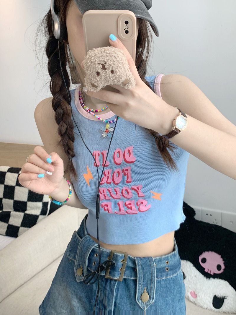 Rib blue hot girl sleeveless suspender vest for women in summer pure and retro