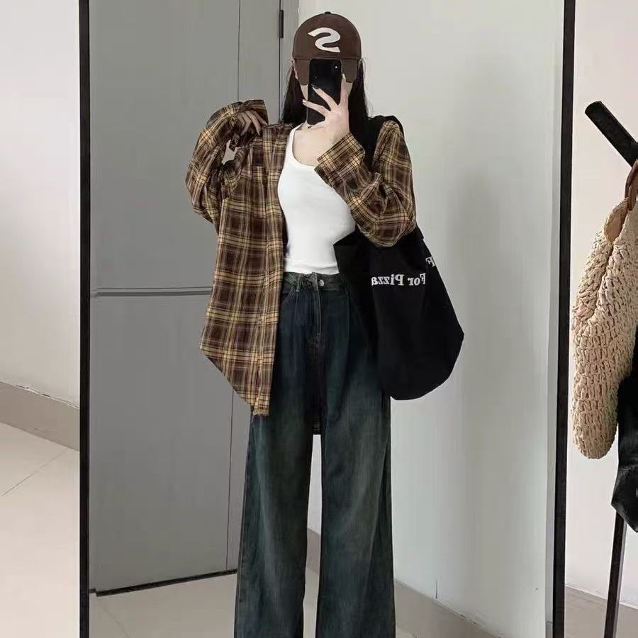 Original quality design niche long-sleeved spring and summer retro plaid shirt jacket loose casual top trendy women