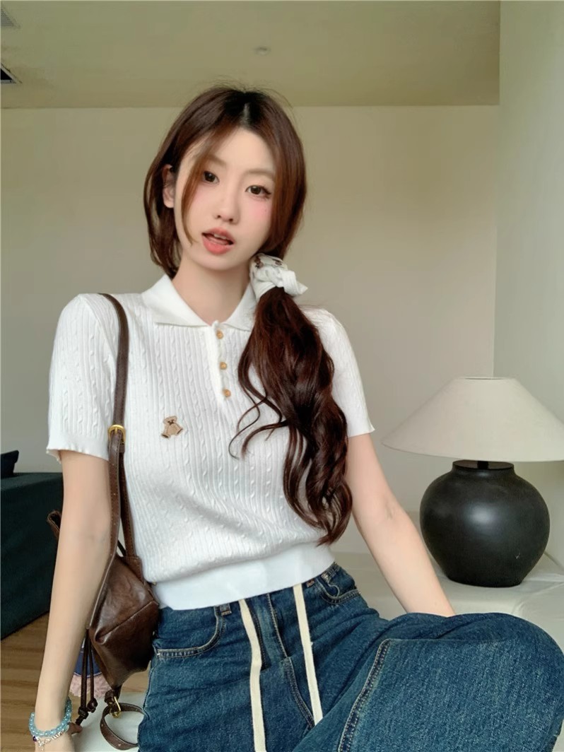 Design-sensual summer new style front shoulder short knitted top slim embroidered bear mosaic Polo shirt short-sleeved T-shirt for women