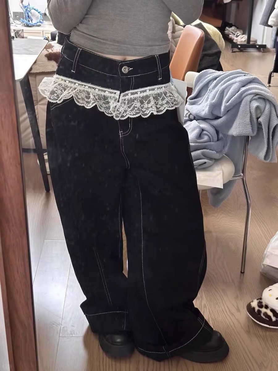 2025新款大碼胖mm蕾絲拼接設計闊腿牛仔褲女休閒高腰寬鬆拖地長褲