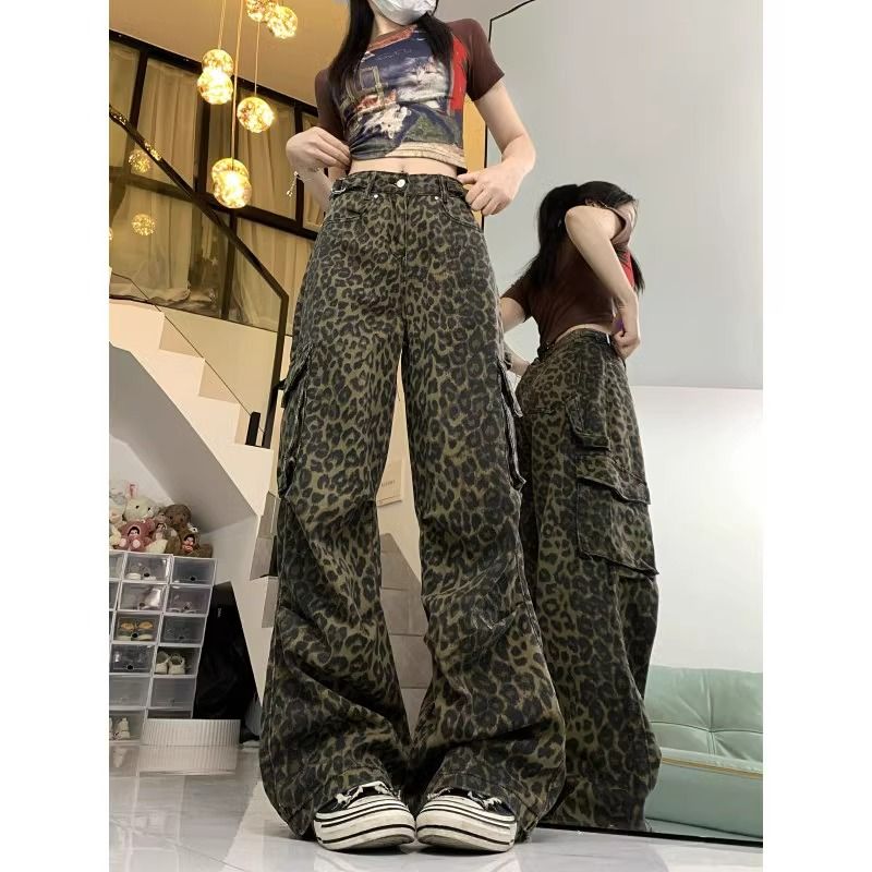 美式復古工裝牛仔褲女款設計感百搭寬鬆豹紋休閒闊腿直筒拖地褲