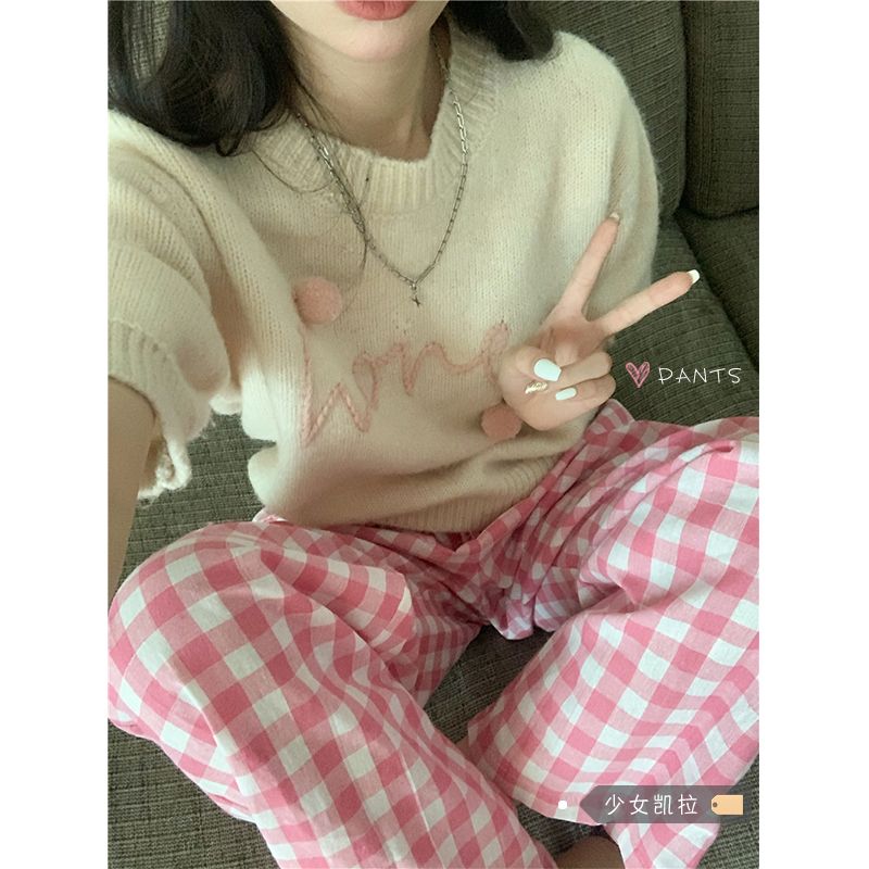 Pink plaid pants for women in summer thin American retro workwear sports wide-leg casual pants