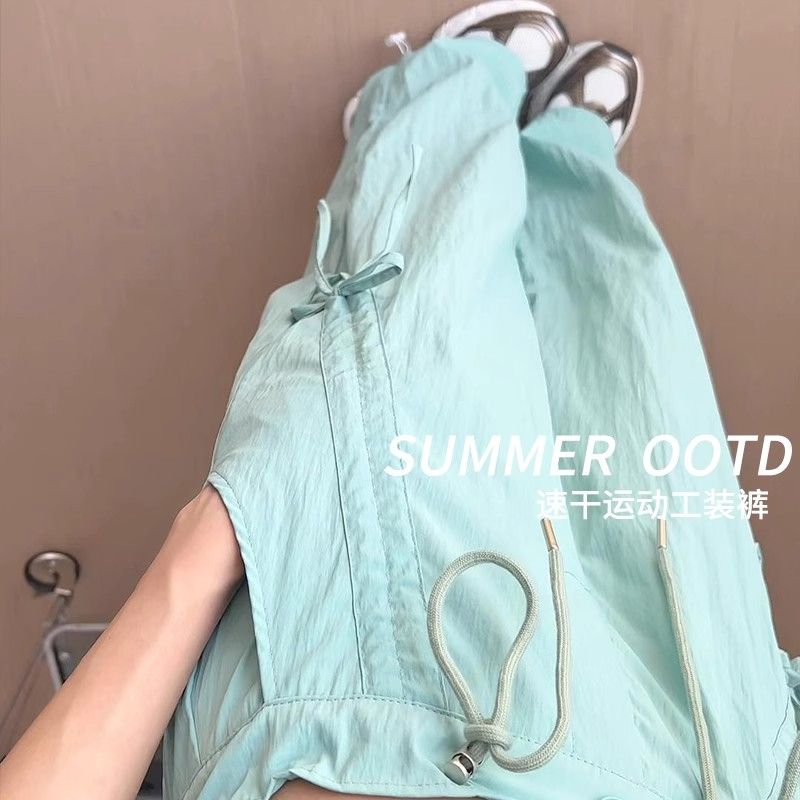 運動褲女夏新款高腰直筒褲蝴蝶結休閒深灰色速干工裝褲