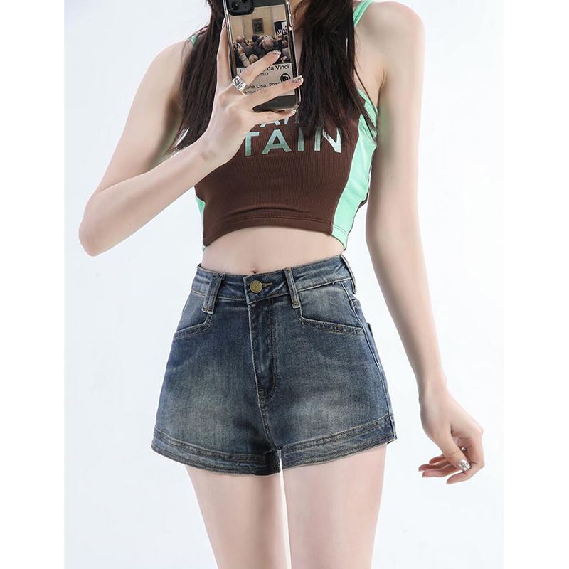 Export Retro Hot Pants High Waist Jeans Women's Spring and Summer New Slimming High Straight A-Shape Short Jeans 