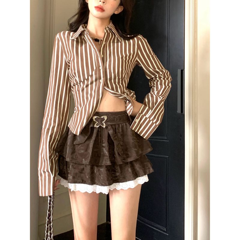 Real shot!  !  Coffee puffy skirt high waist cool cake skirt A-line skirt small short skirt
