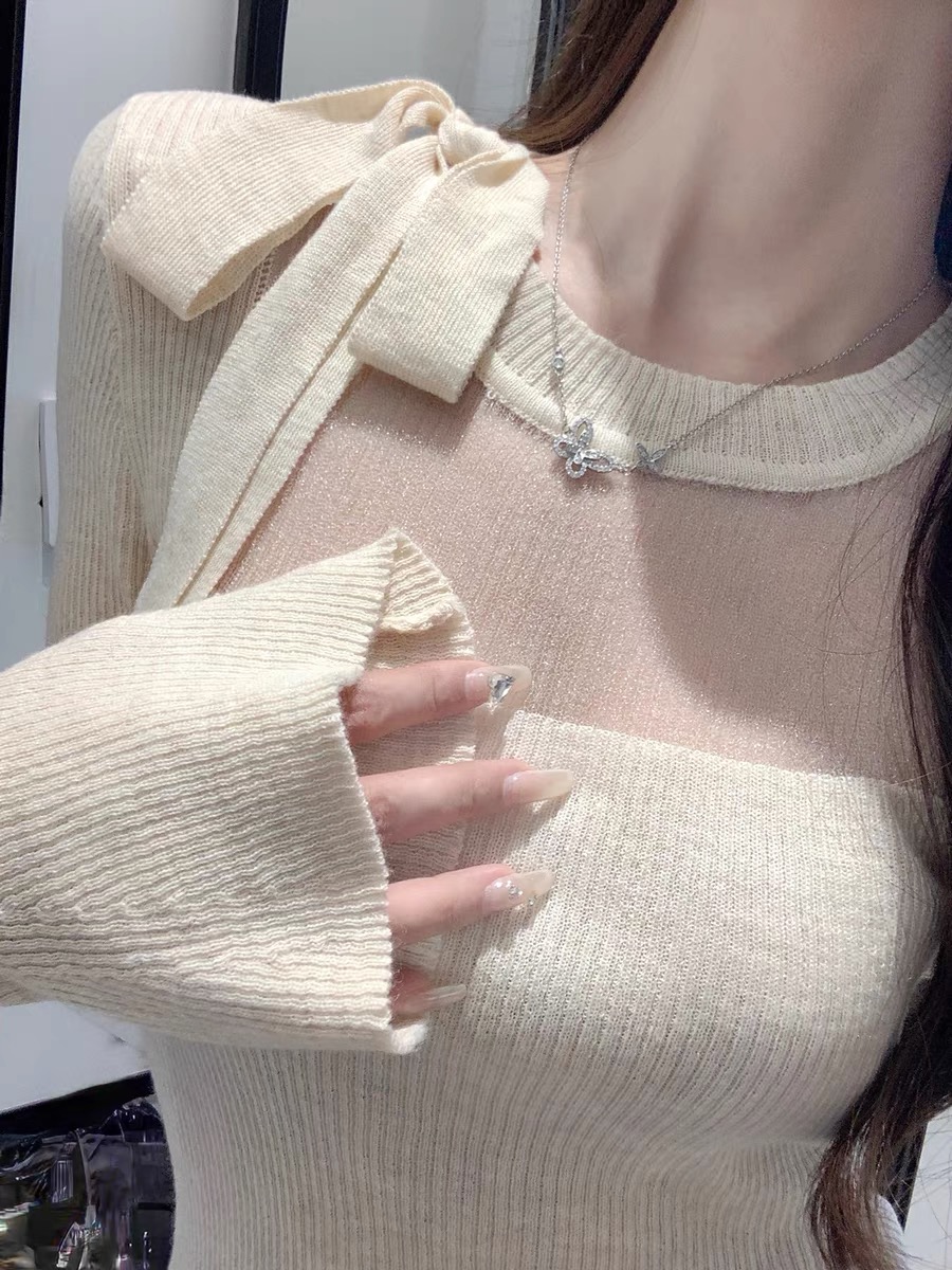 Strap bow mesh spliced ​​sweater for women in autumn and winter 2025 new pure and sexy girl sweet and spicy top