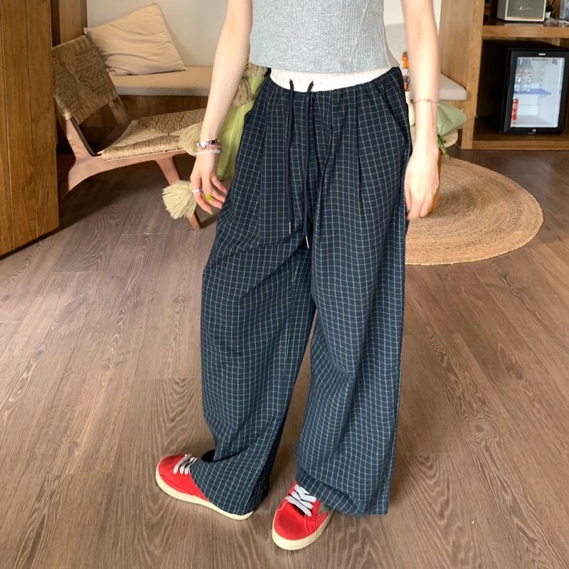 立體加包條藏青色格子褲女2025春裝新款慵懶風小個子休閒遛彎