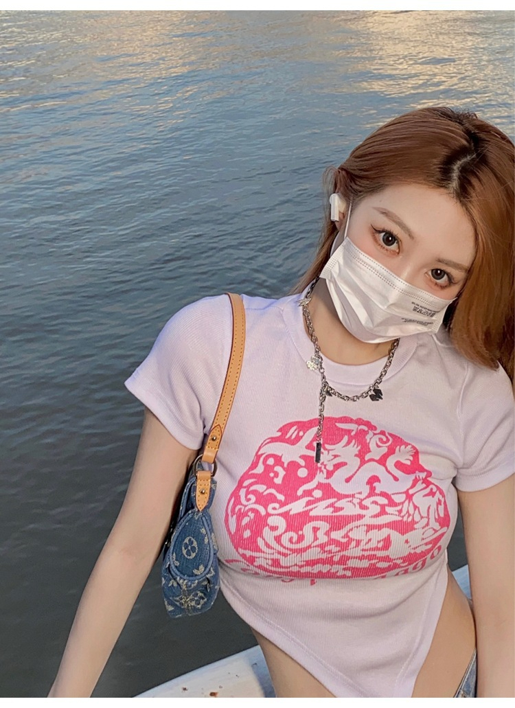 韓國外貿韓版新款坑條夏季美式復古短袖女上衣修身短款T恤女