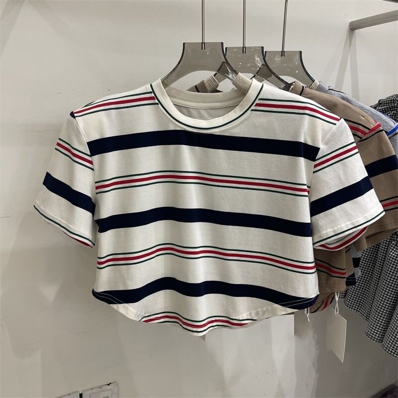 Cross-border foreign trade 2025 summer new Korean irregular round neck stripes short high waist short sleeve T-shirt for women