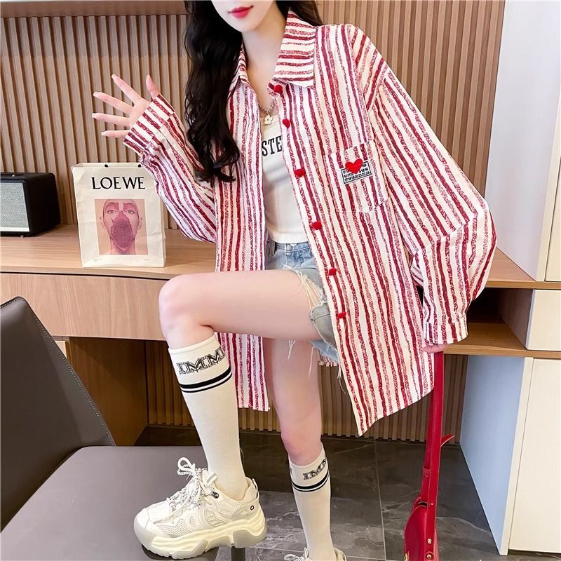 Original method quality medium-length thin cardigan sunscreen shirt spring and summer new striped jacket for women