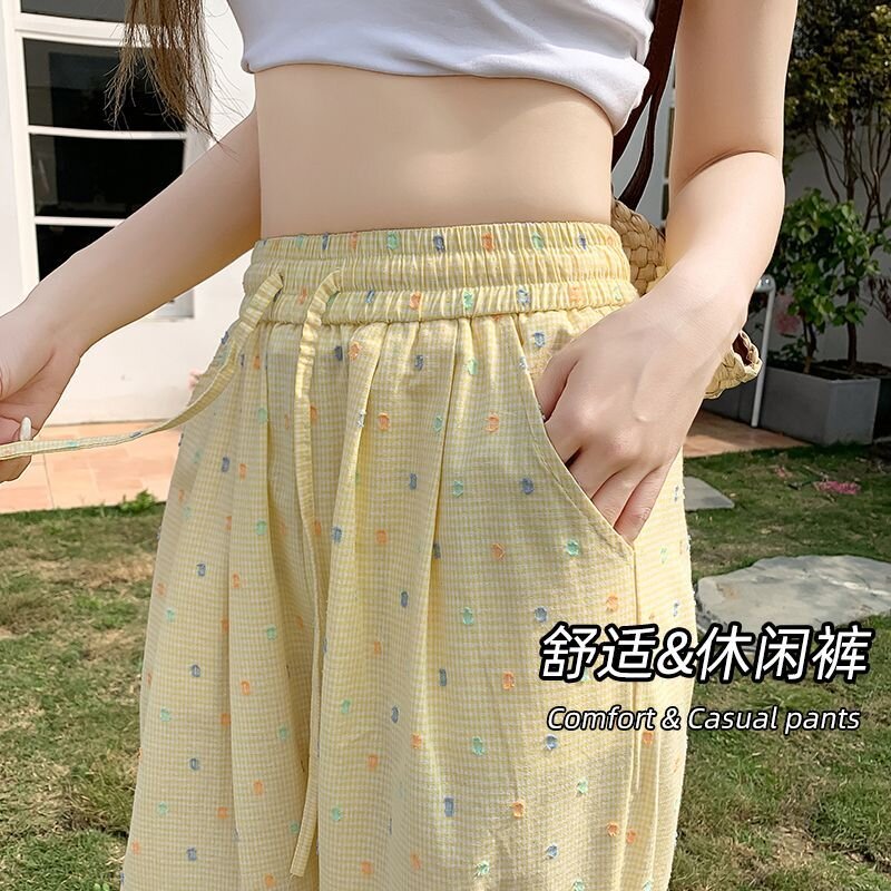 Plaid color polka dot wide-leg pants for women in summer thin yellow high waist drape straight-leg casual floor pants