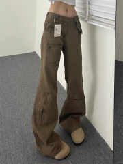 2025夏季新款卡其色美拉德復古微喇褲街頭牛仔工裝褲大碼S-4XL