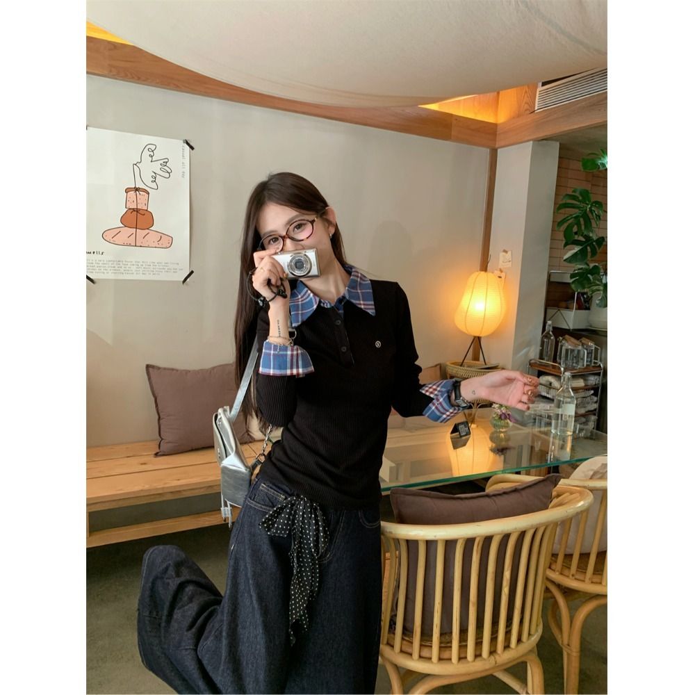 Black fake two-piece plaid splicing polo knitted base shirt for women in autumn design short long-sleeved top