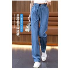 大碼冰絲運動闊腿褲女鬆緊高腰中年媽媽寬鬆垂感直筒休閒百搭長褲