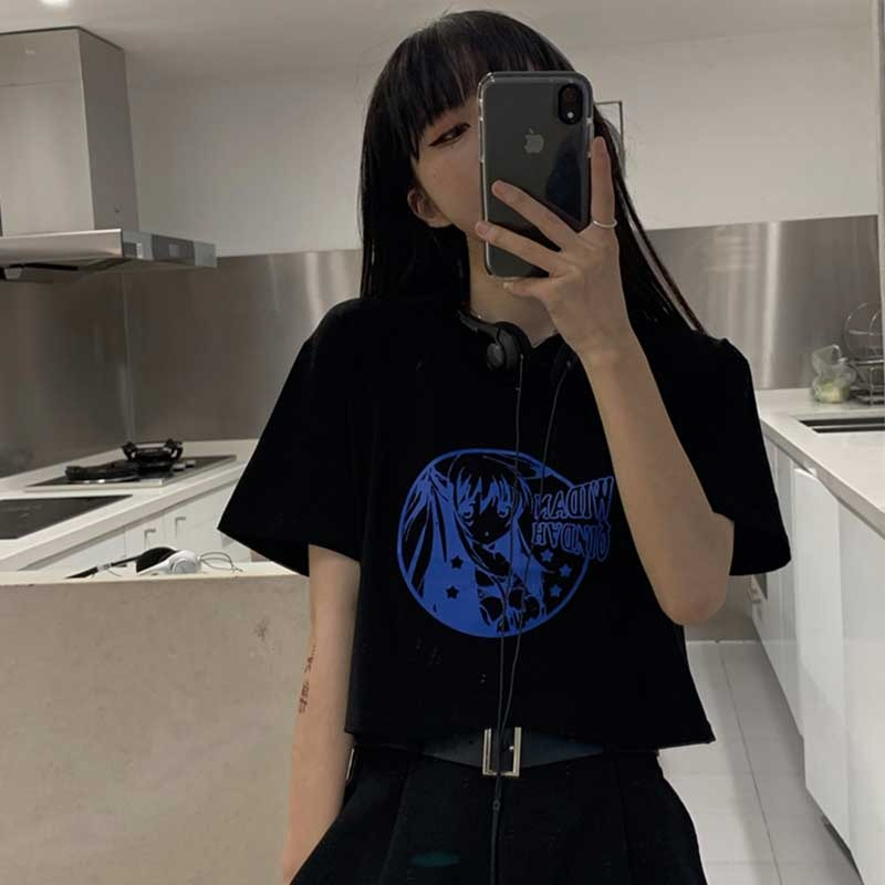 韓國外貿趣味印花短袖T恤女夏季新款ins情侶寬鬆港風露臍短款上衣