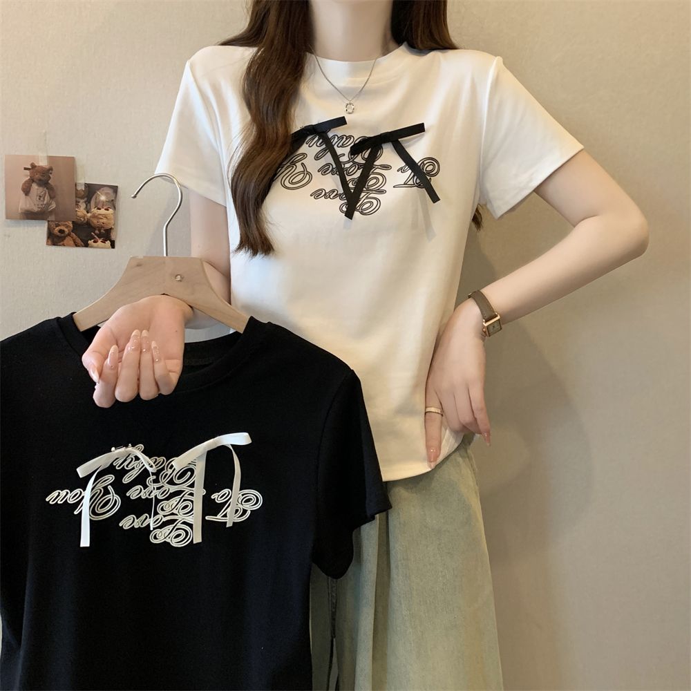 Real photo 40 pure cotton 210g 92 cotton/8 spandex printed bow short-sleeved T-shirt for women