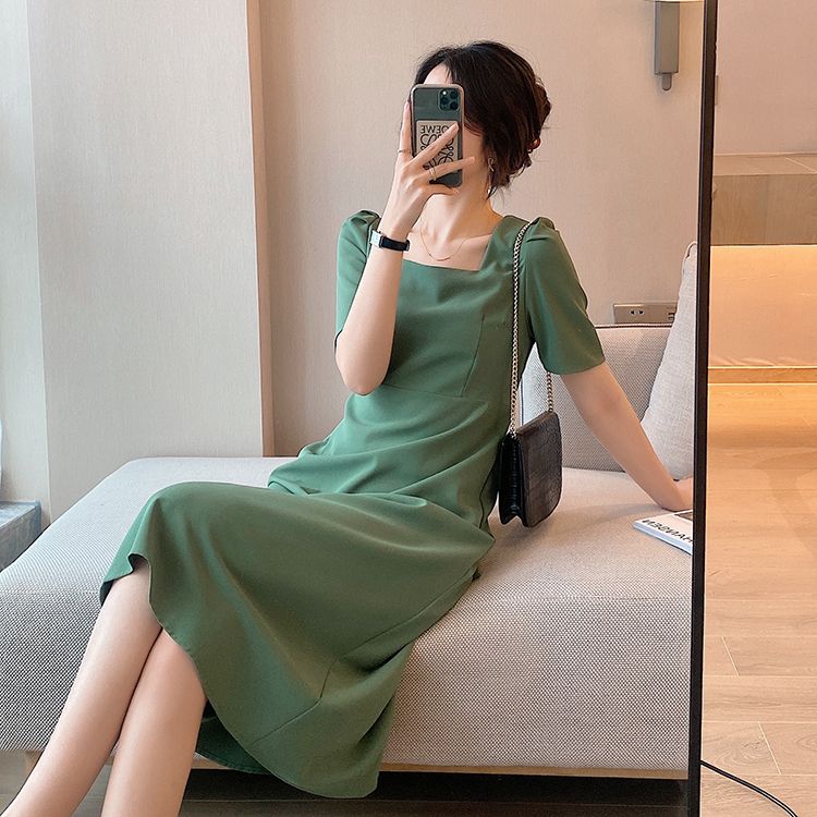 French fashionable dress for women puff sleeves new summer green square collar French retro slim waist-hugging temperament skirt