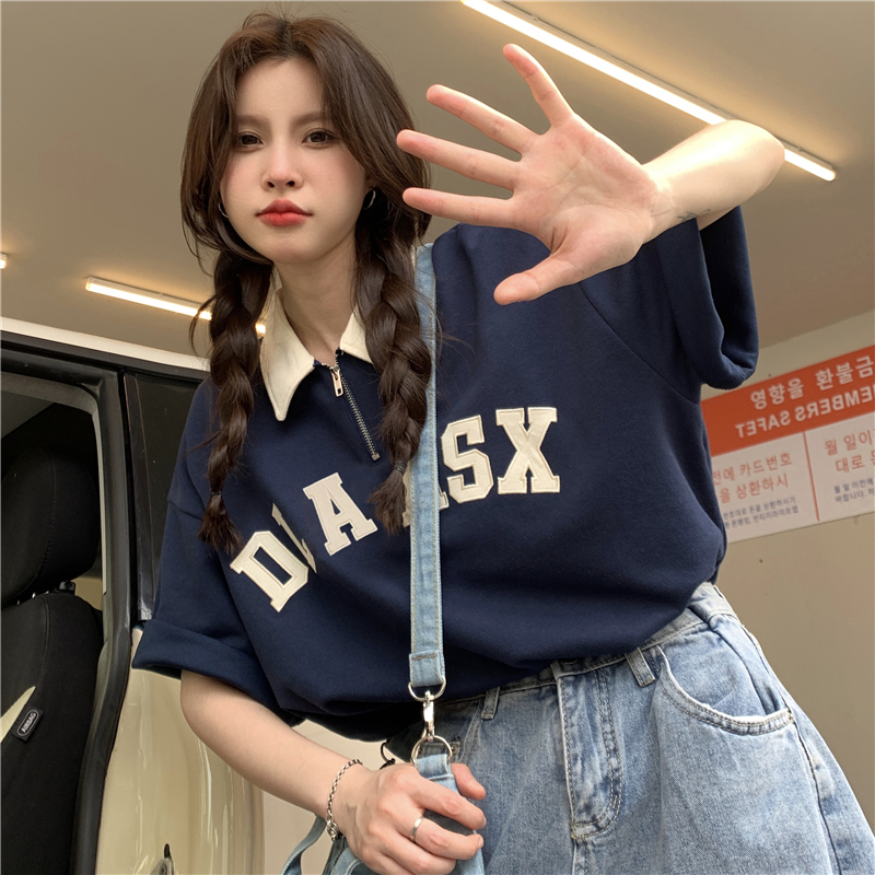 Hand-painted 6535 Cotton Vintage College-style Polo Neck Half-zip Embroidered Short-sleeve Women's Top