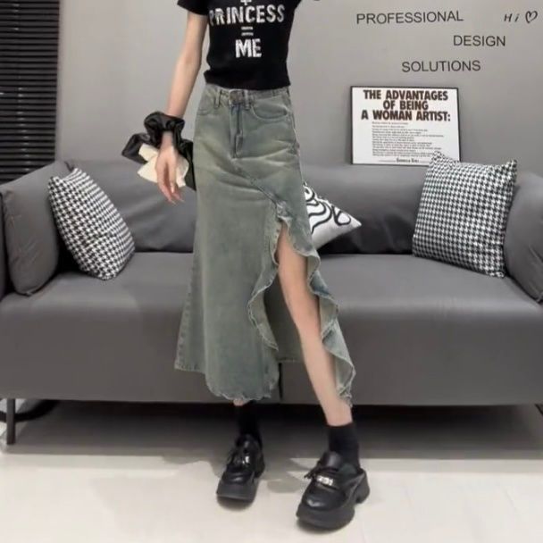 Unregular wave forked high-waisted denim skirt for women 2025 summer new spicy girl bodycon medium length fish tail skirt