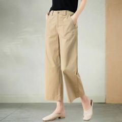 Explosive version of pure cotton nine-point wide-leg pants for women 2025 spring and summer new loose slim casual pants thin high waist khaki