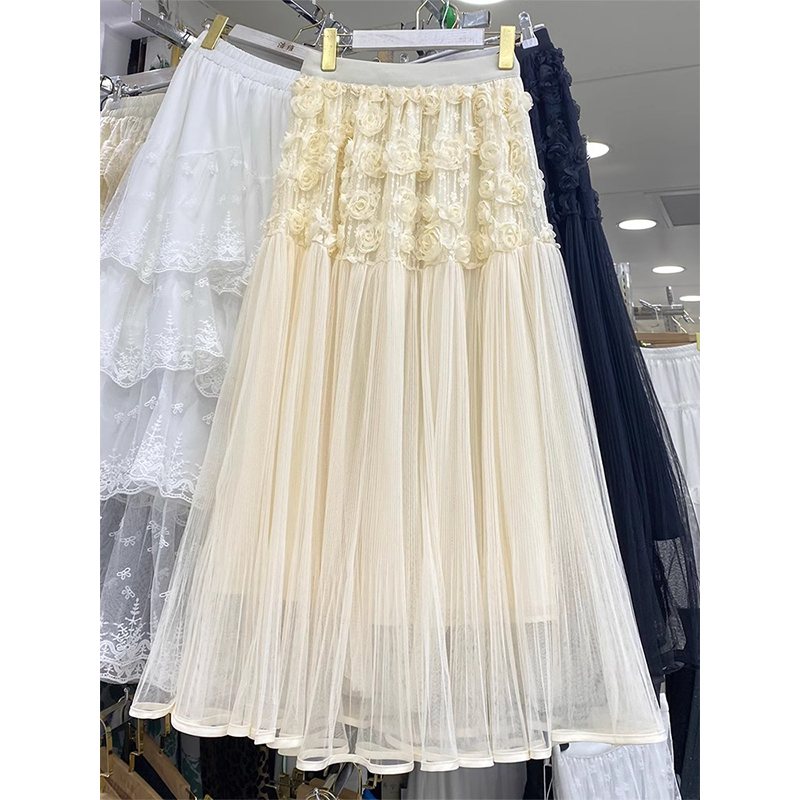 French Super Fairy Mesh Flower Pleated Skirt 2025 Spring New High Waist Slim Mid-Long Skirt for Women