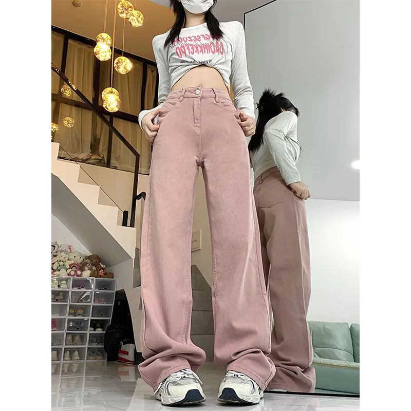 簡約高腰闊腿牛仔褲女春秋季新款時尚顯瘦百搭休閒簡約拖地牛仔褲
