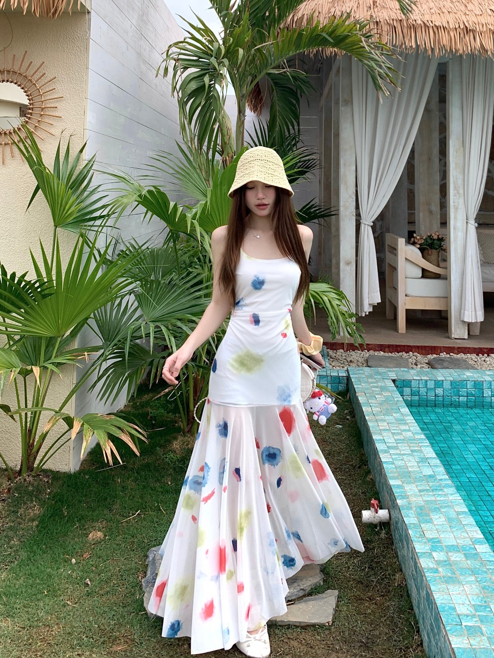 Real shot French elegant sexy smudge suspender dress fashion design vacation style pure long skirt