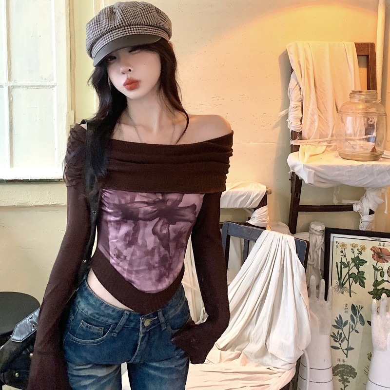 Real shot!  !  Hot girl poker strip one shoulder sexy pullover retro slim printed long-sleeved top for women