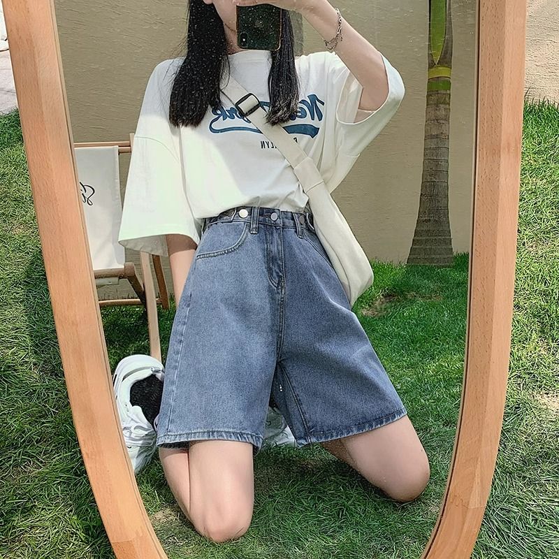 外貿五分牛仔短褲女夏季2025年新款高腰薄款寬鬆小個子闊腿褲中褲