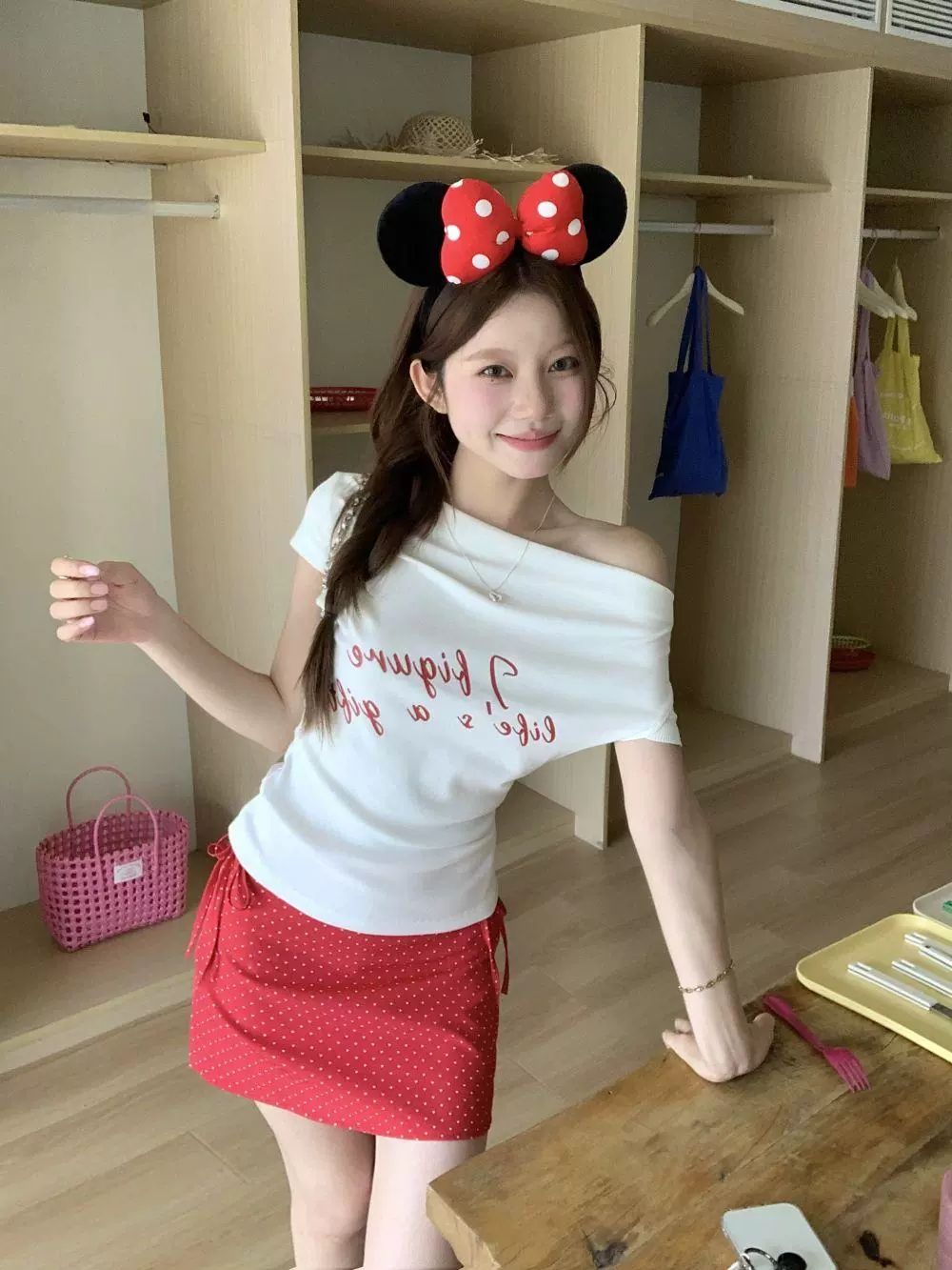 260g cotton letter printed short-sleeved T-shirt summer irregular design slim short off-shoulder top