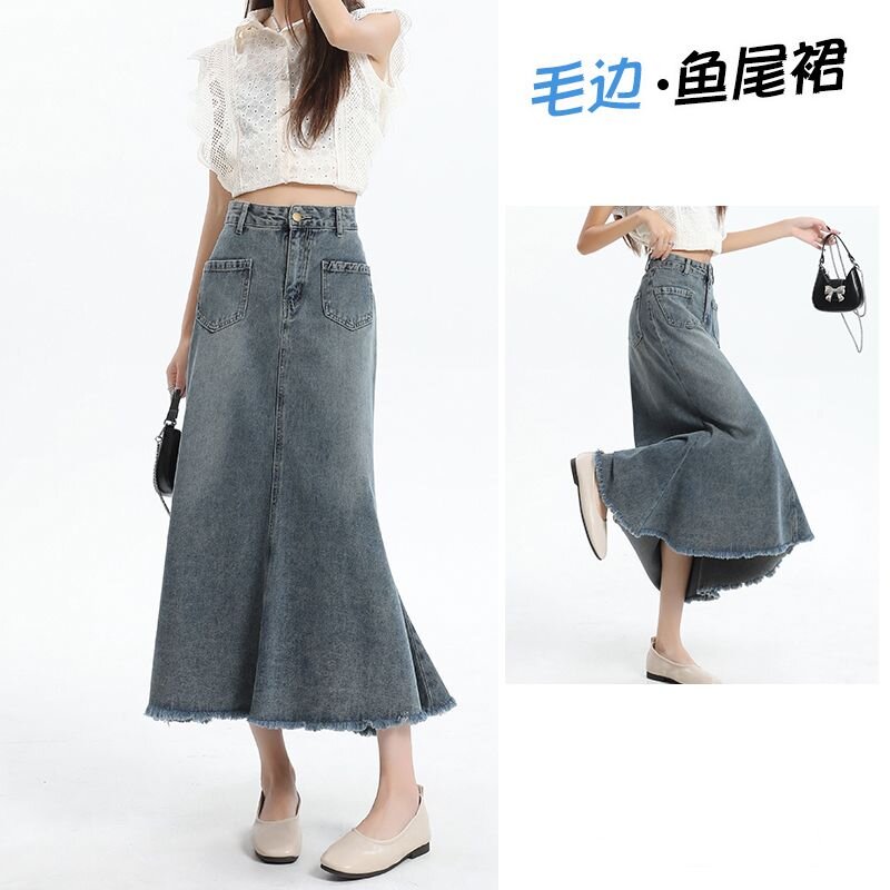 New spring and summer design versatile hip-covered skirt fishtail skirt for women, slim and tall Korean mid-length half-body denim skirt