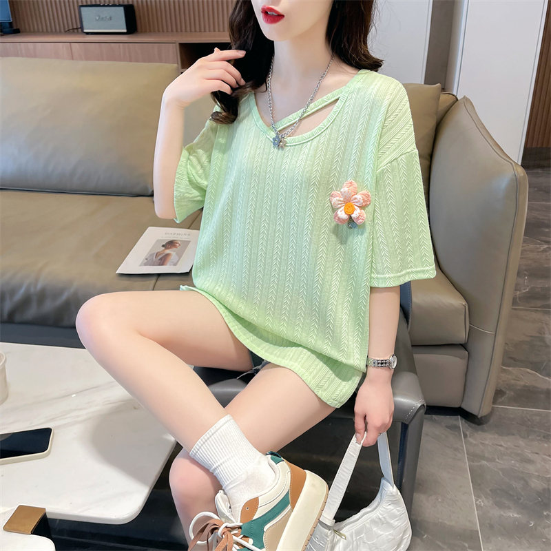 First release real-life jacquard back bag collar Korean version summer contrast printed short-sleeved T-shirt for women